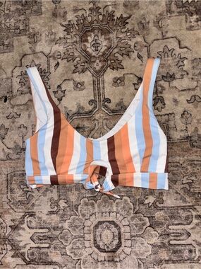 Shade & Shore Striped Tie-Front Bikini Top in Blue, White, Orange & Brown